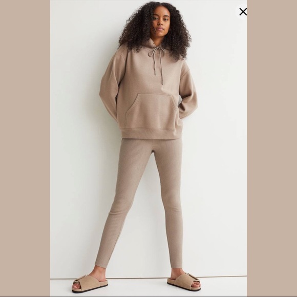 H&M Pants - H&M Beige Tan Cream Nude Seamless Ribbed Leggings Cotton Jersey Pant Casual Sz L